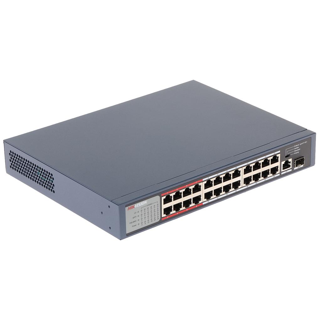 Switch 24 puertos 10/100 PoE, 1 puerto 10/100/1000, 1 puerto SFP 1000Mb, tecnologia de larga distancia para conexión de hasta 250 metros. 30W por puerto PoE. Marca Hikvision
